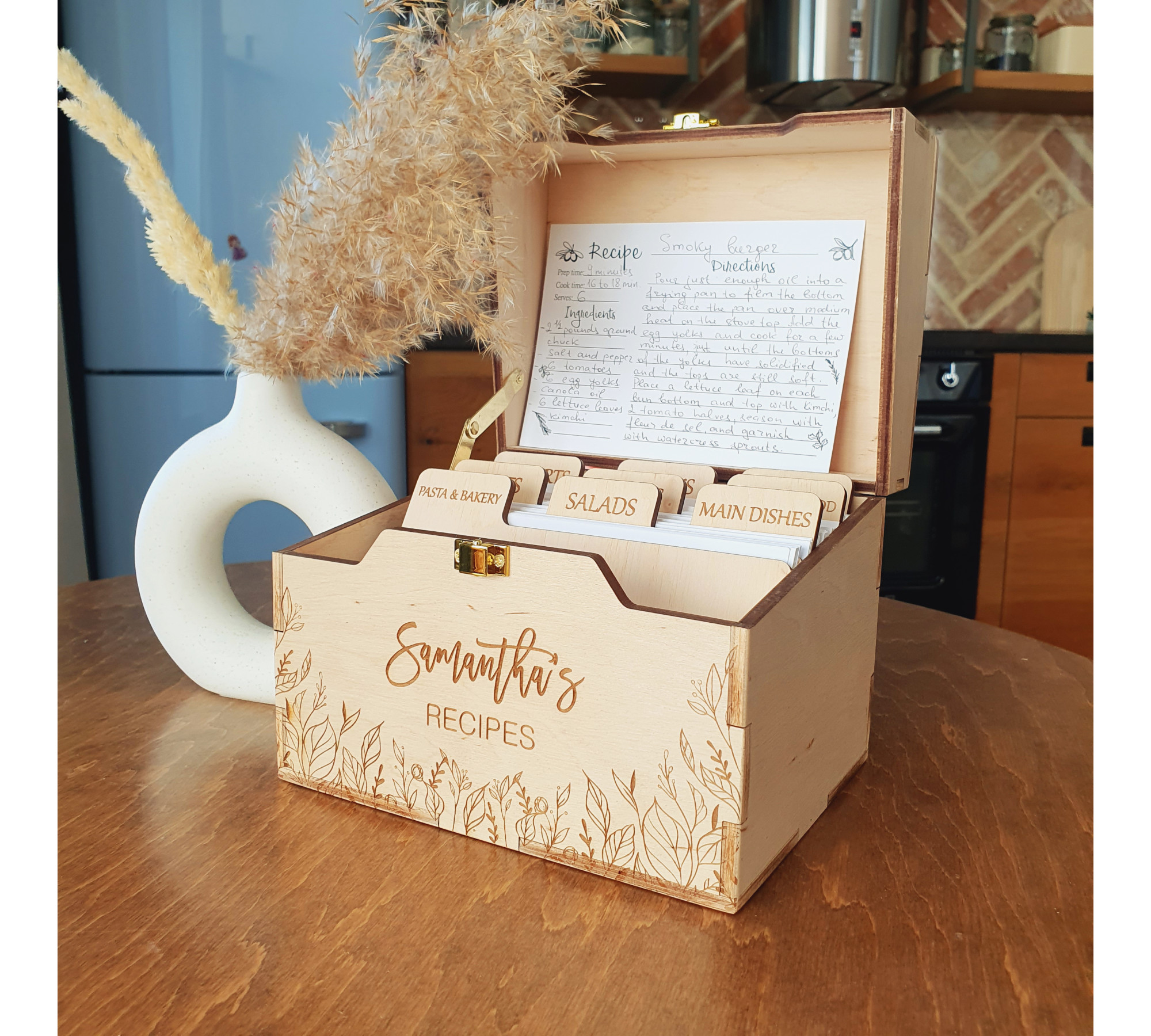 Engraved Wooden Recipe Box with Recipe Cards & Dividers