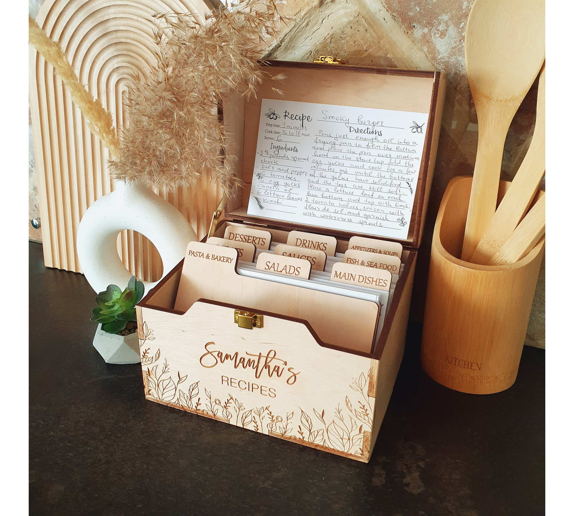 Wooden Recipe Box with Dividers and Recipe Cards | Custom Recipe Cards Holder