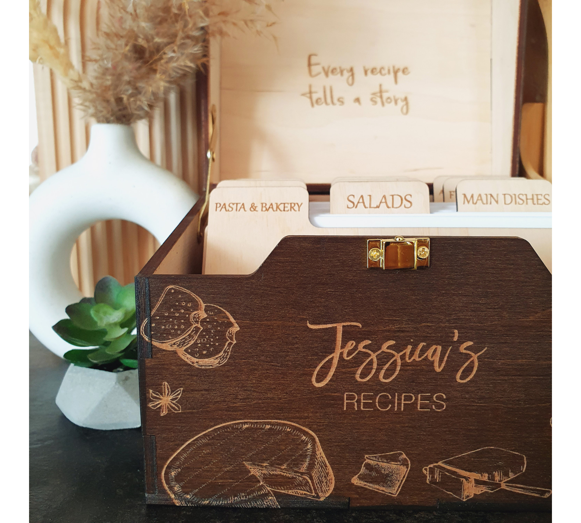 Wooden Recipe Box with Dividers and Recipe Cards | Custom Recipe Cards Holder