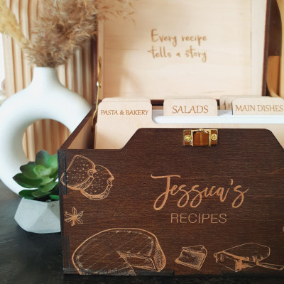Wooden Recipe Box For Cards 4 x 6 Or 5 x 7 - Christmas Gift For Mom