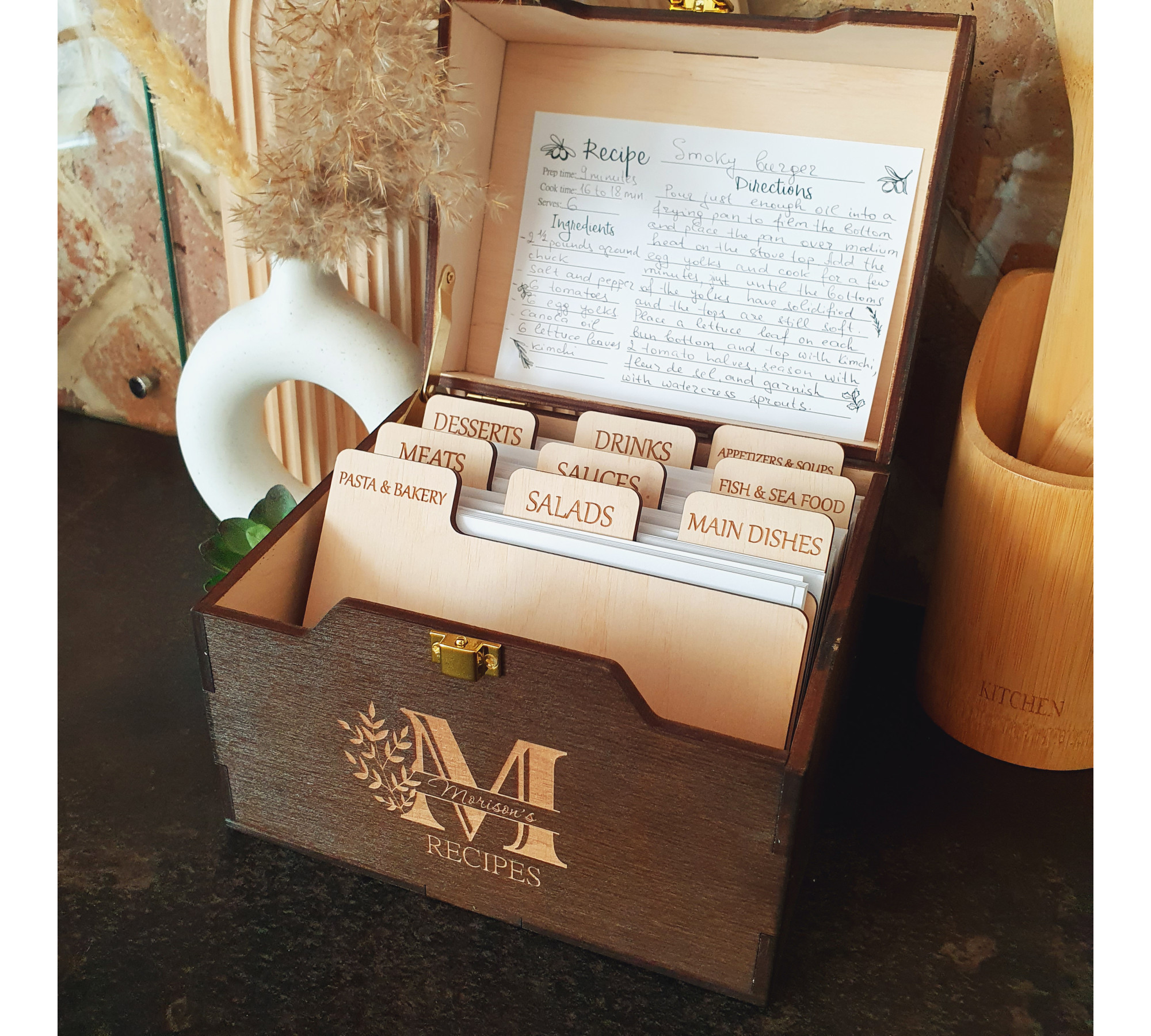 Wooden Recipe Box with Dividers and Recipe Cards | Custom Recipe Cards Holder