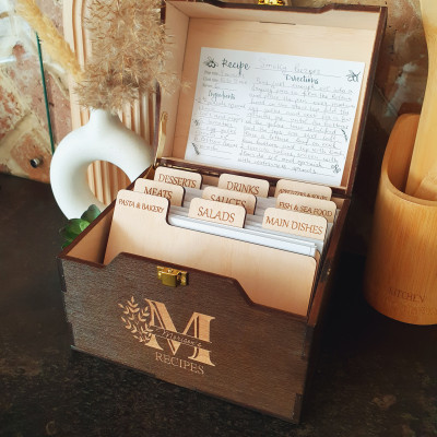 Engraved Wooden Recipe Box with Dividers and Recipe Cards - Gift For Mother Engraved Wooden Recipe Box with Dividers and Recipe Cards - Gift For Mother