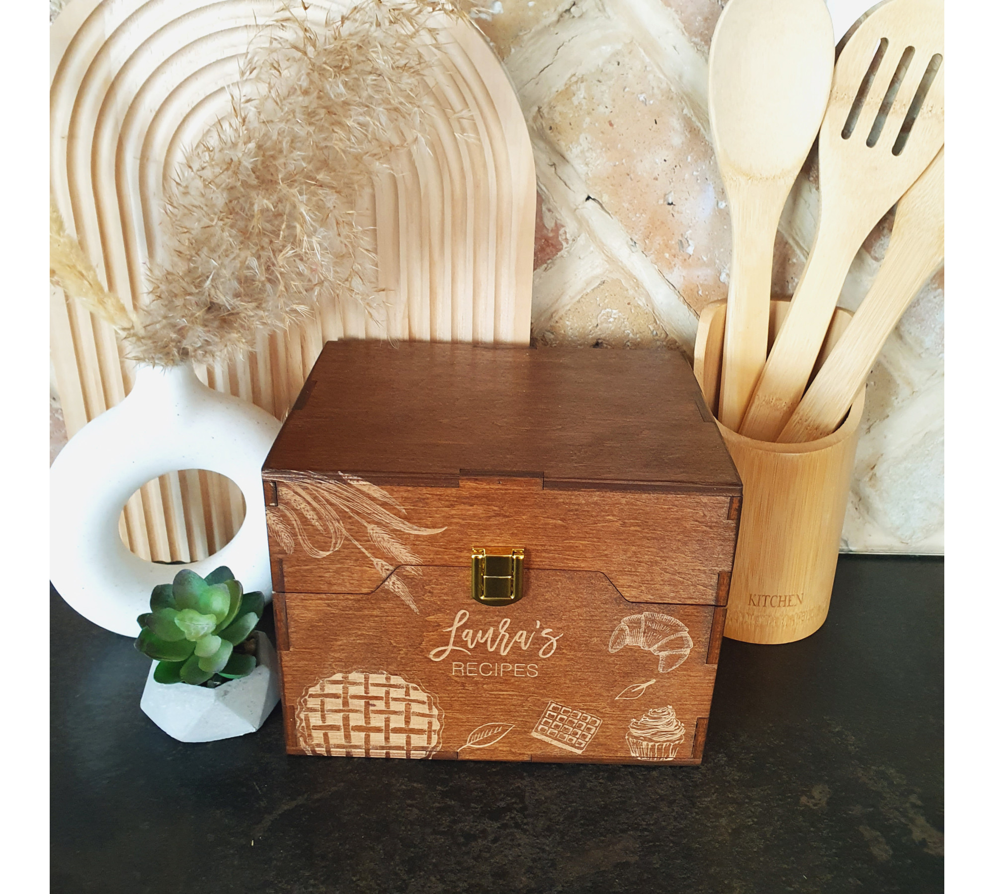 Engraved Wooden Recipe Box with Recipe Cards & Dividers