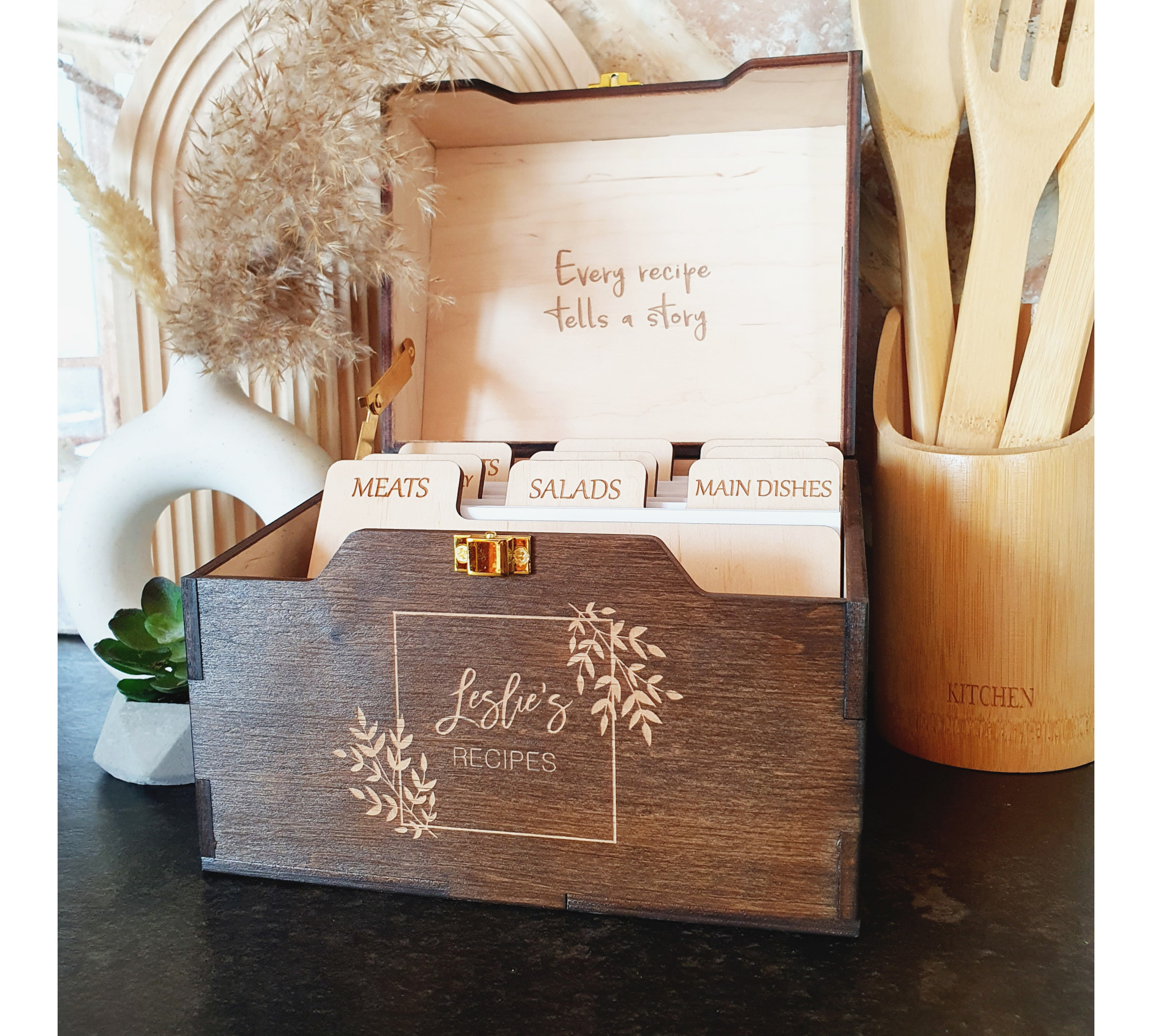Wooden Recipe Box with Dividers and Recipe Cards | Custom Recipe Cards Holder