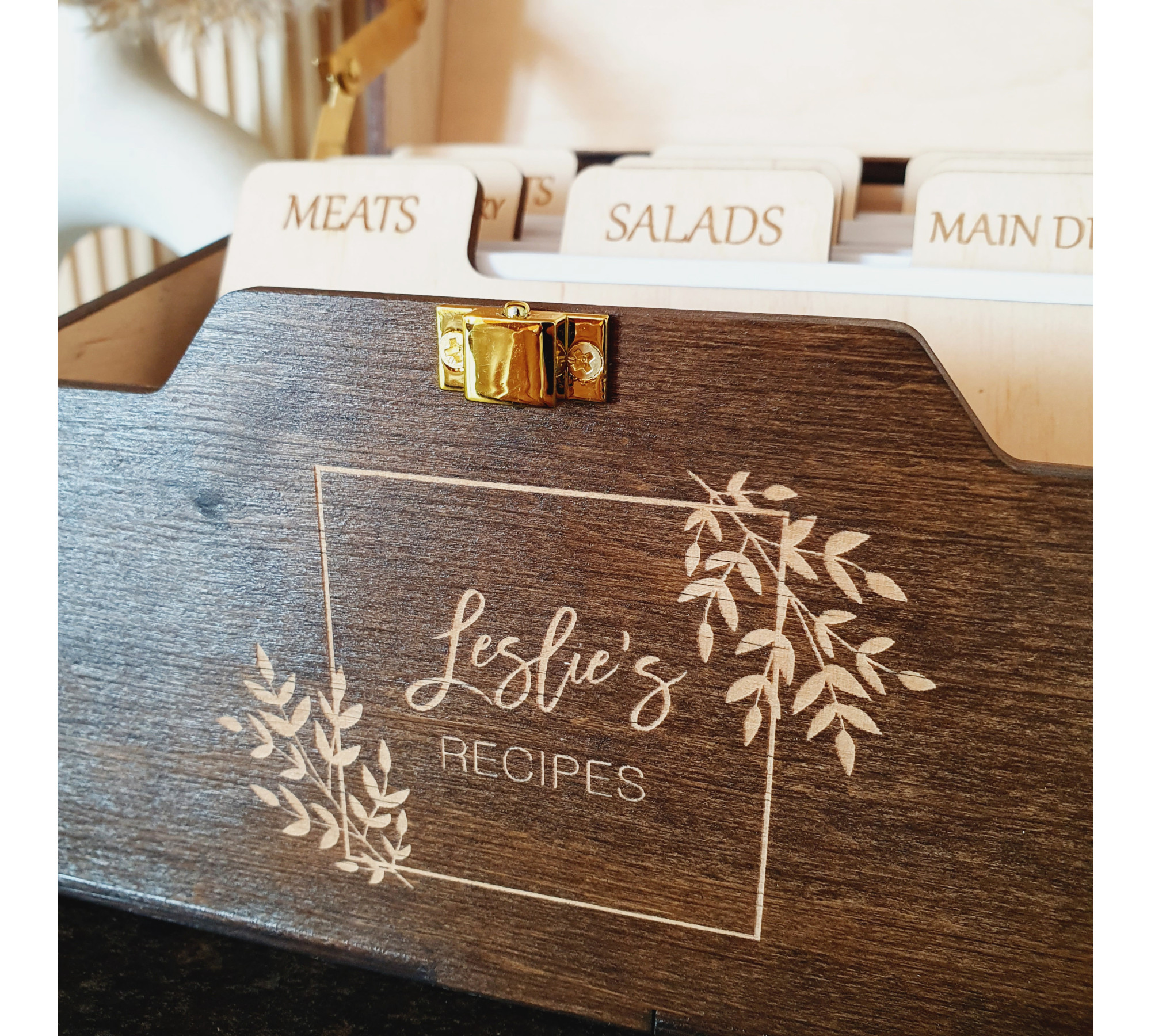 Wooden Recipe Box with Dividers and Recipe Cards | Custom Recipe Cards Holder