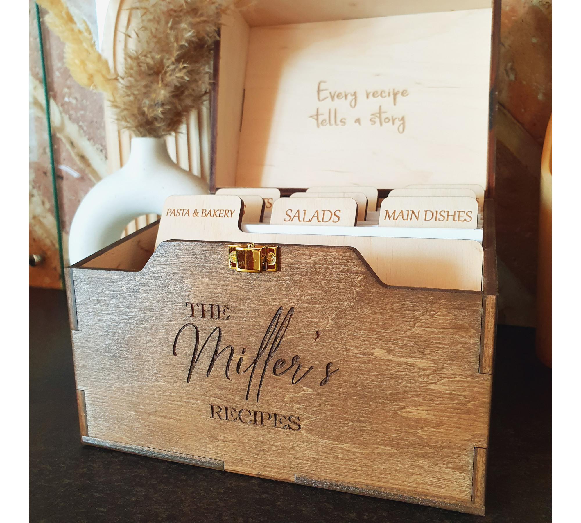 Wooden Recipe Box with Dividers and Recipe Cards | Custom Recipe Cards Holder