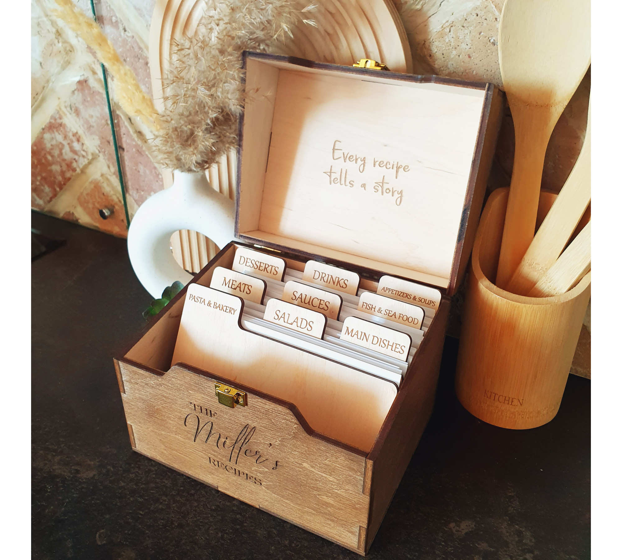Wooden Recipe Box with Dividers and Recipe Cards | Custom Recipe Cards Holder