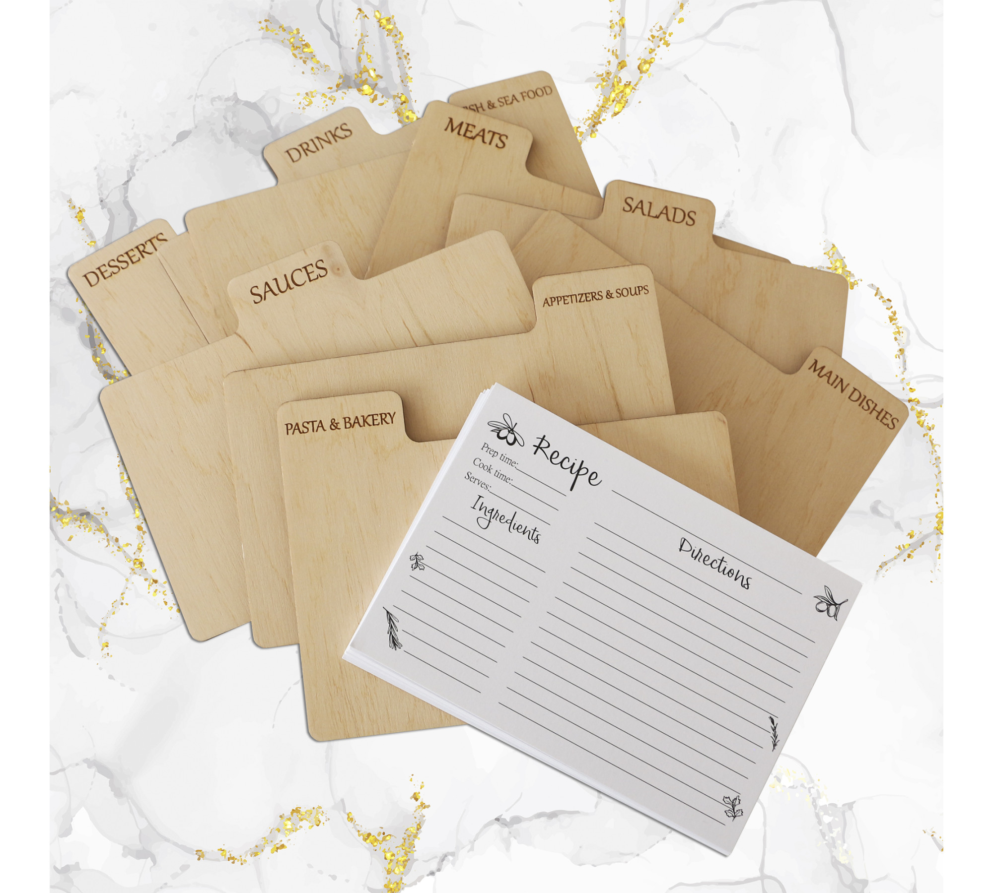 Wooden Recipe Box with Dividers and Recipe Cards | Custom Recipe Cards Holder