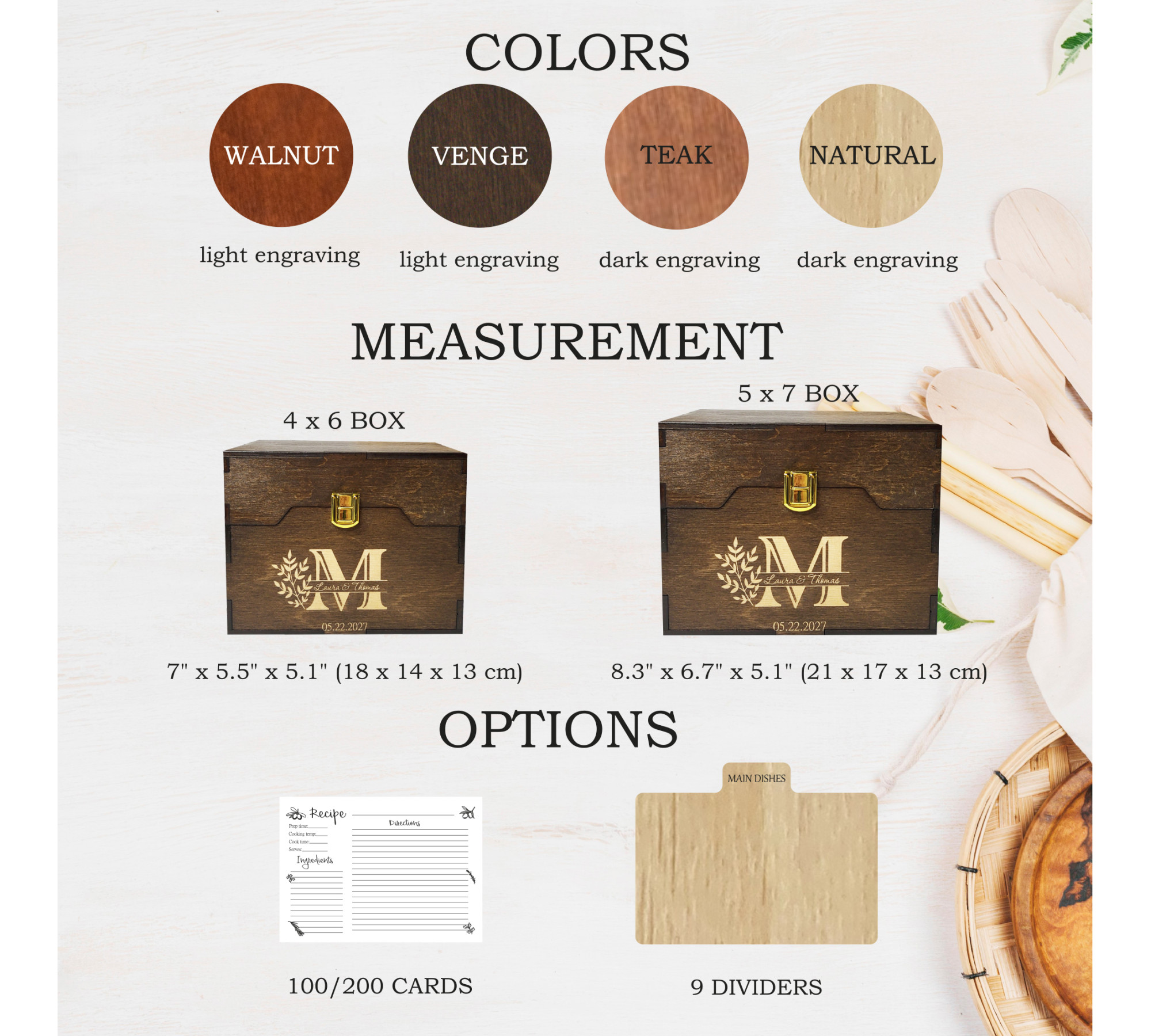Wooden Recipe Box with Dividers and Recipe Cards | Custom Recipe Cards Holder