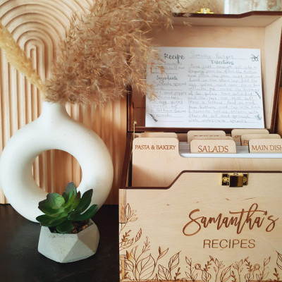 Floral Personalized Wooden Recipe Box - Wedding Gift For Daughter