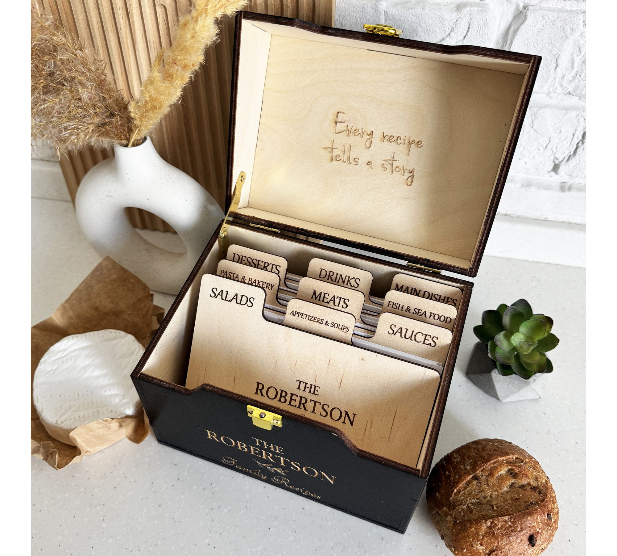 Premium Wooden Recipe Organizer with Recipe Cards