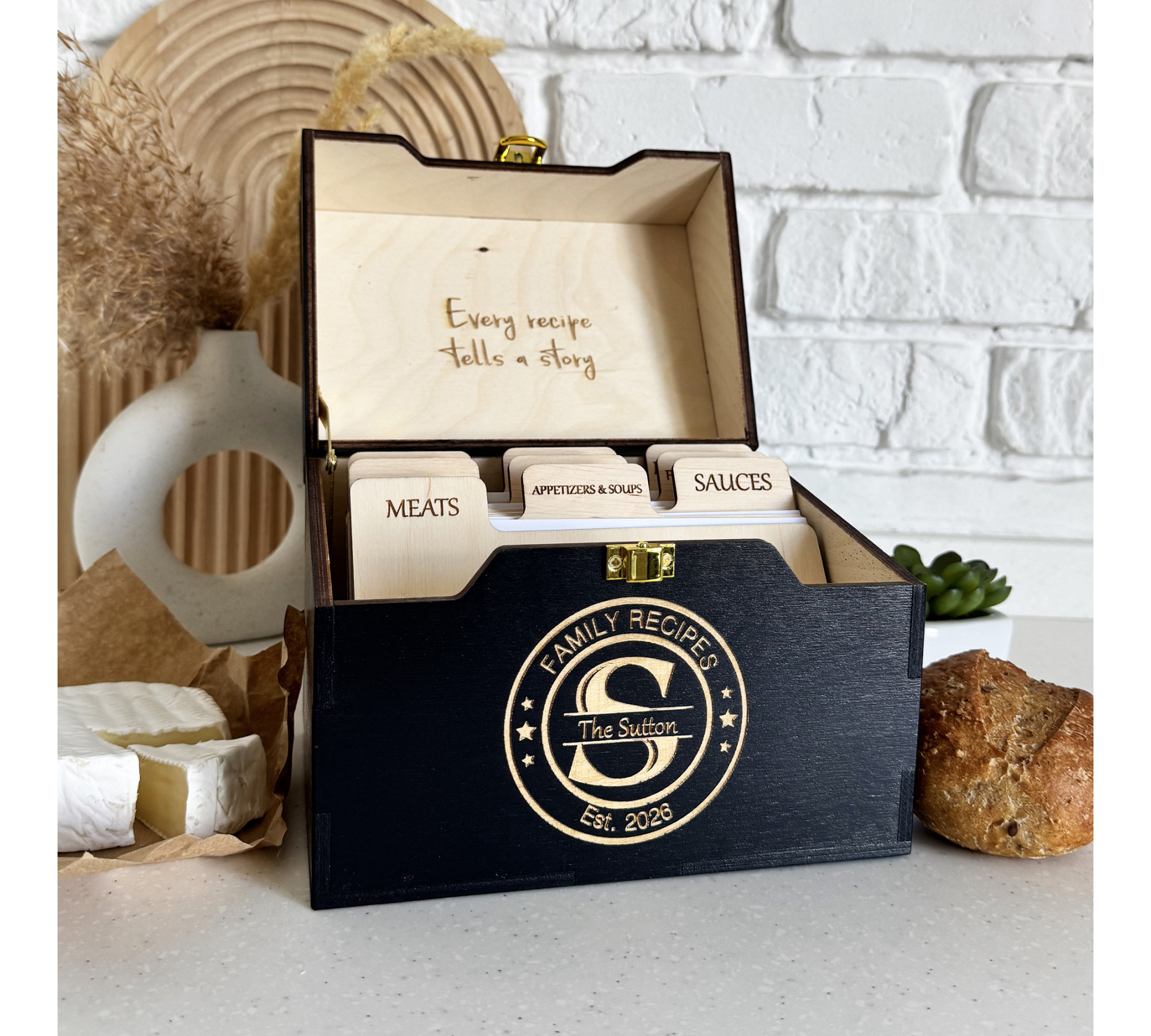 Premium Wooden Recipe Organizer with Recipe Cards