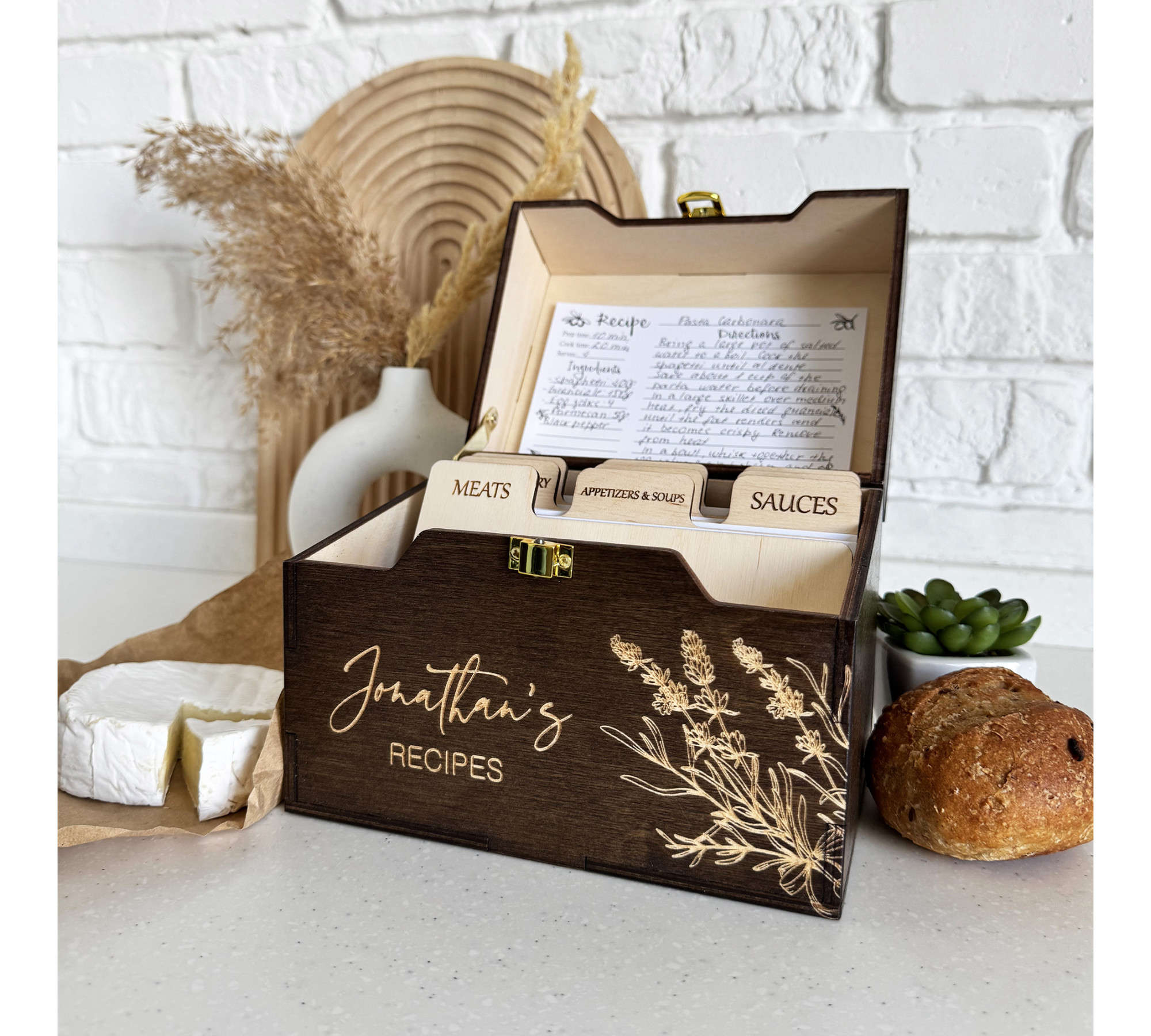 Premium Wooden Recipe Organizer with Recipe Cards