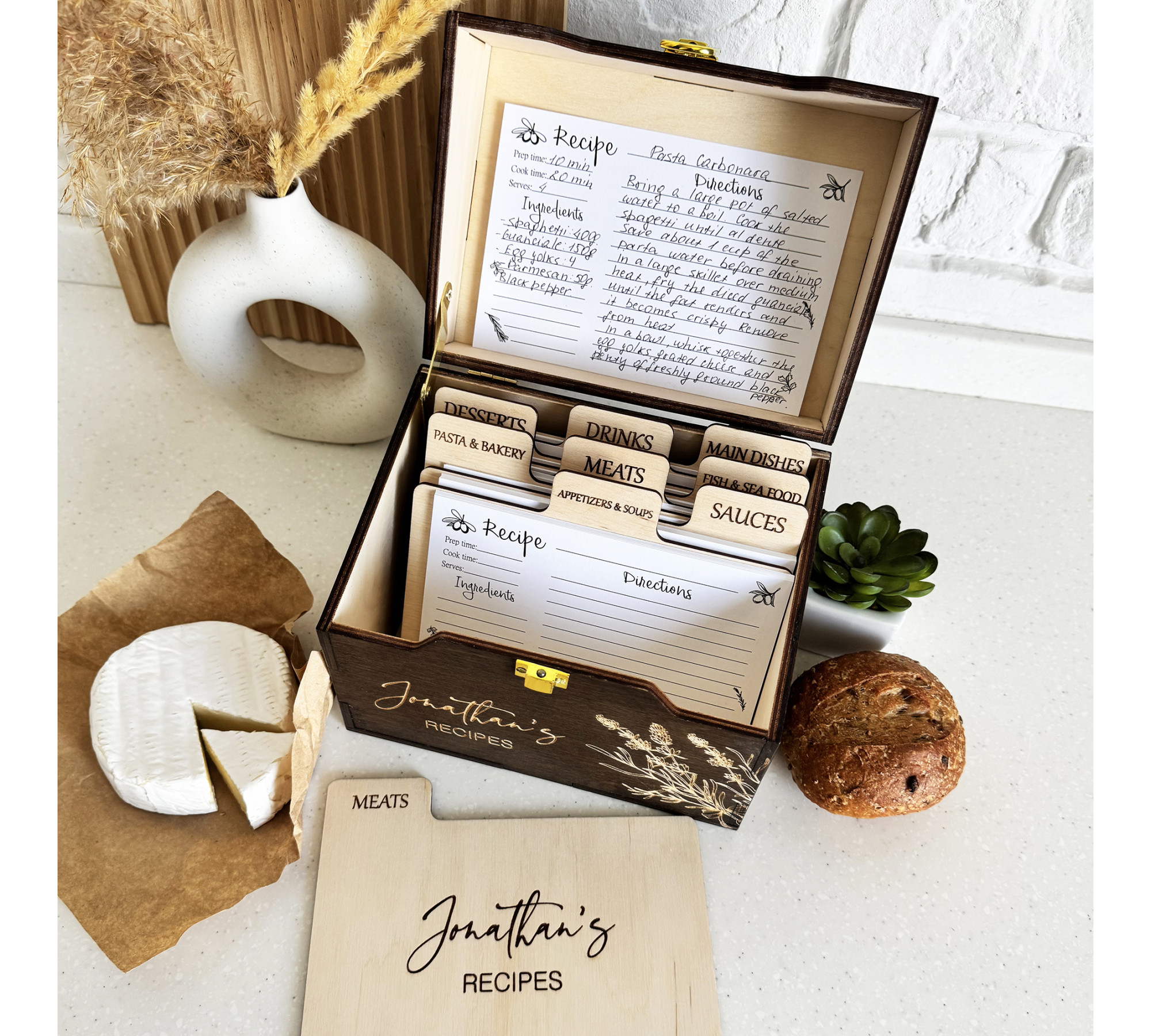 Premium Wooden Recipe Organizer with Recipe Cards