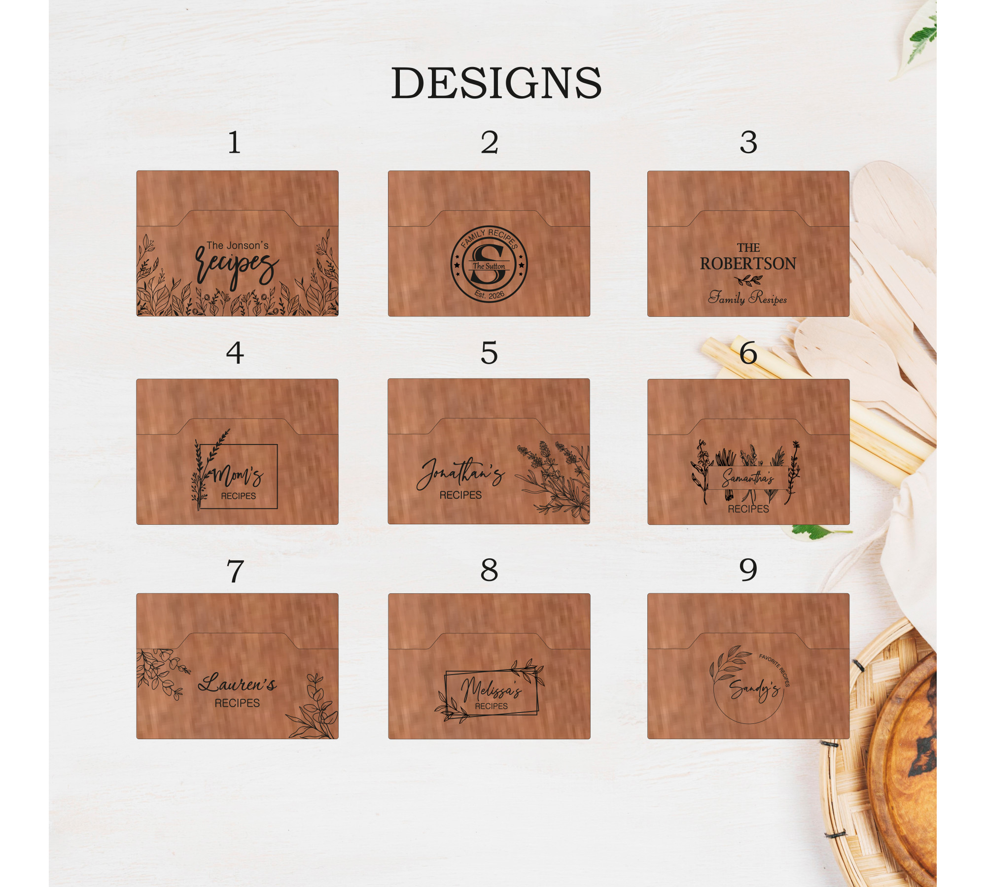 Premium Wooden Recipe Organizer with Recipe Cards