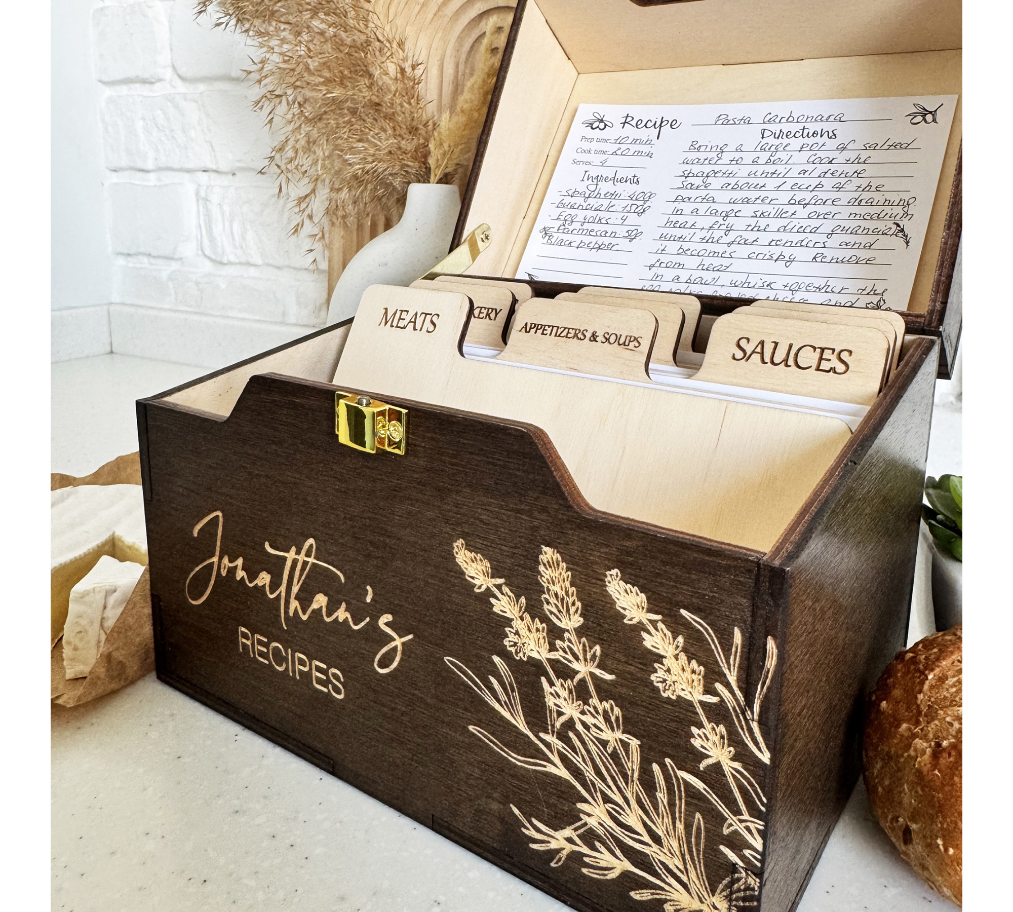 4 x 6 Wooden Recipe Box with Dividers - Personalized Gift 4 x 6 Wooden Recipe Box with Dividers - Personalized Gift