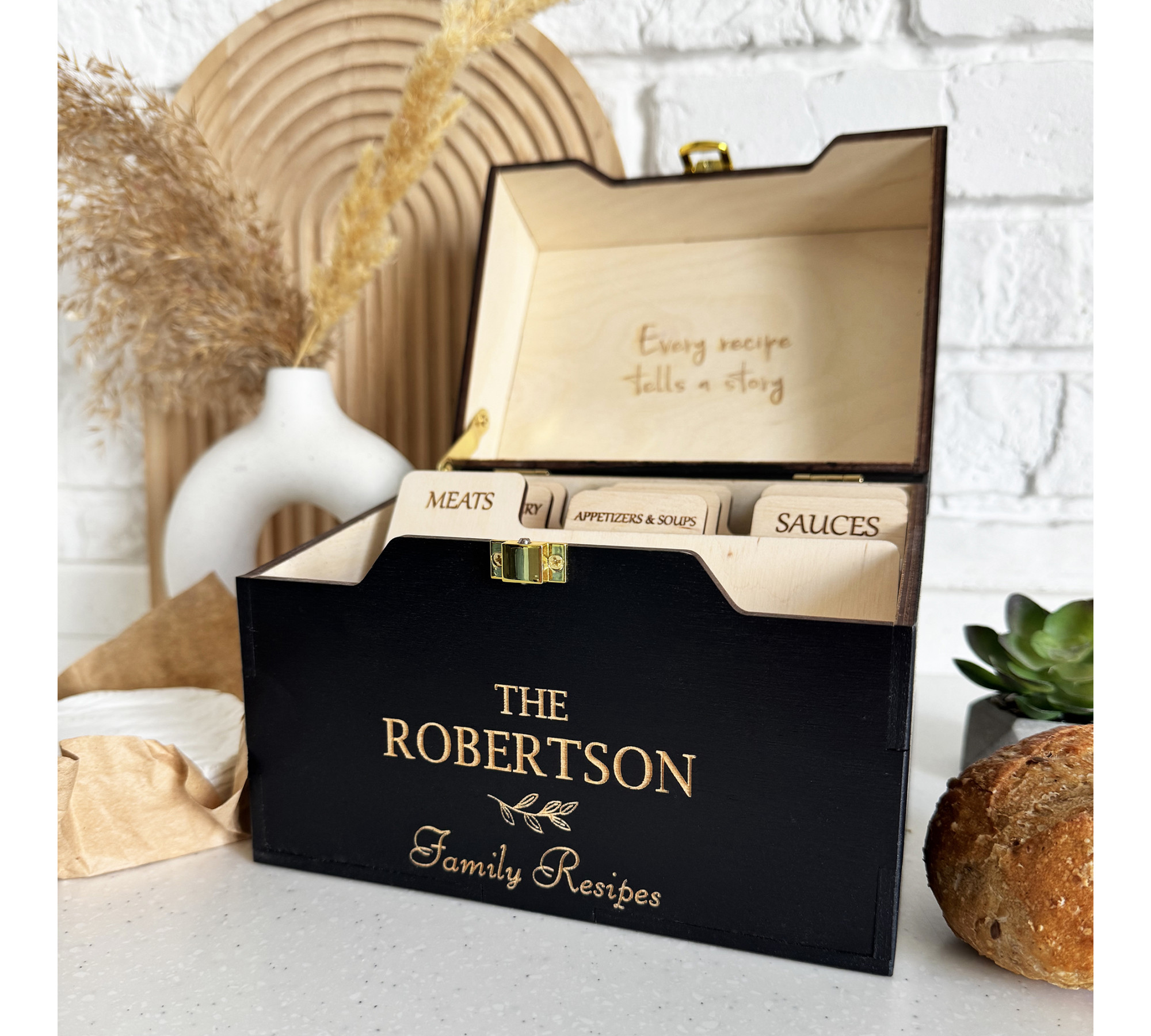 Personalized Wooden Recipe Card Holder with Dividers - Anniversary Gift